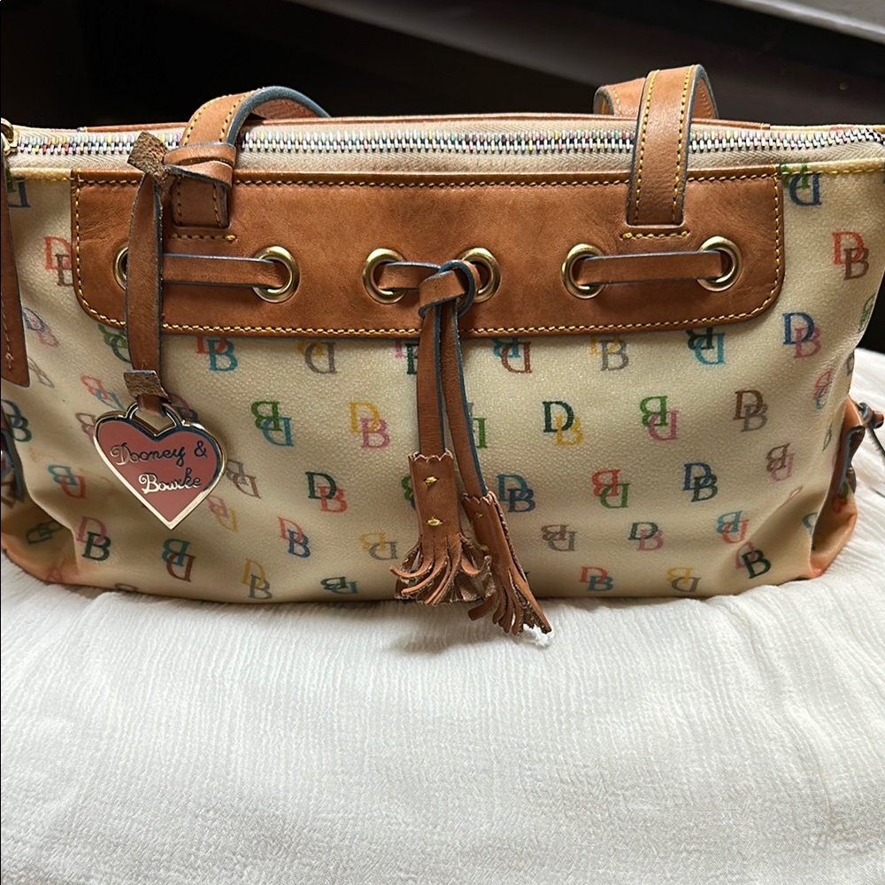 Dooney & Bourke Tan Leather Shoulder Bag with Monogram Print
